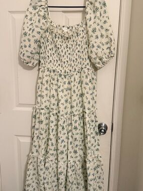 Midi Smocked Floral Dress in Cream and Green